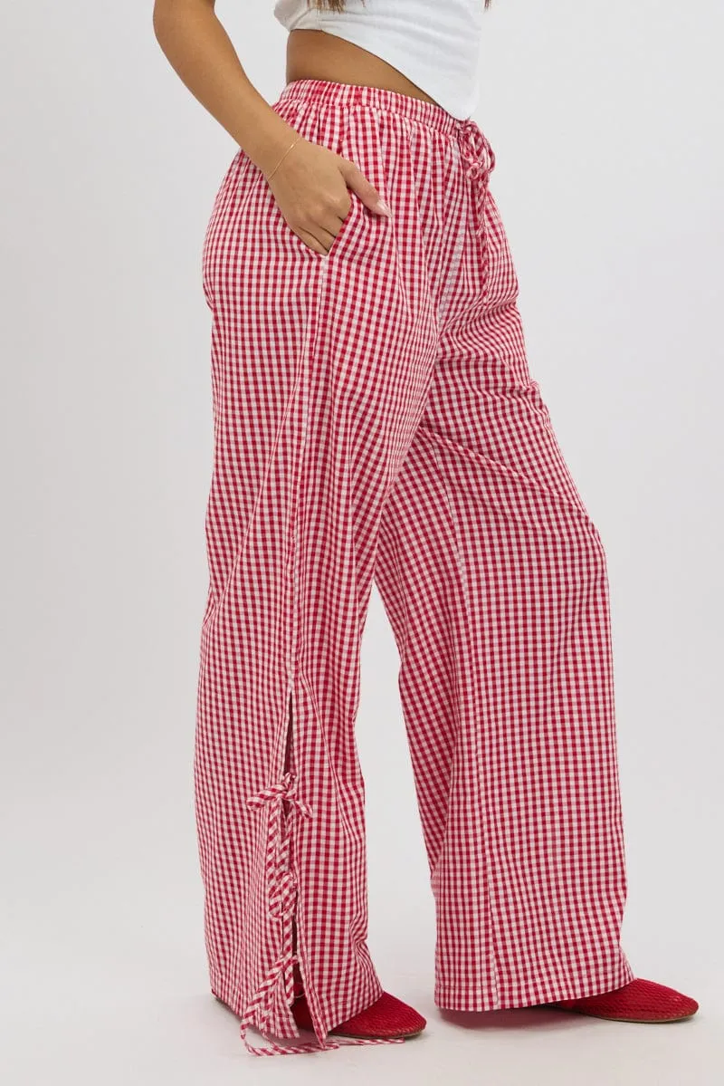 Red Check Wide Leg Pants Side Ribbon MultiPocketDesign Neutral Style