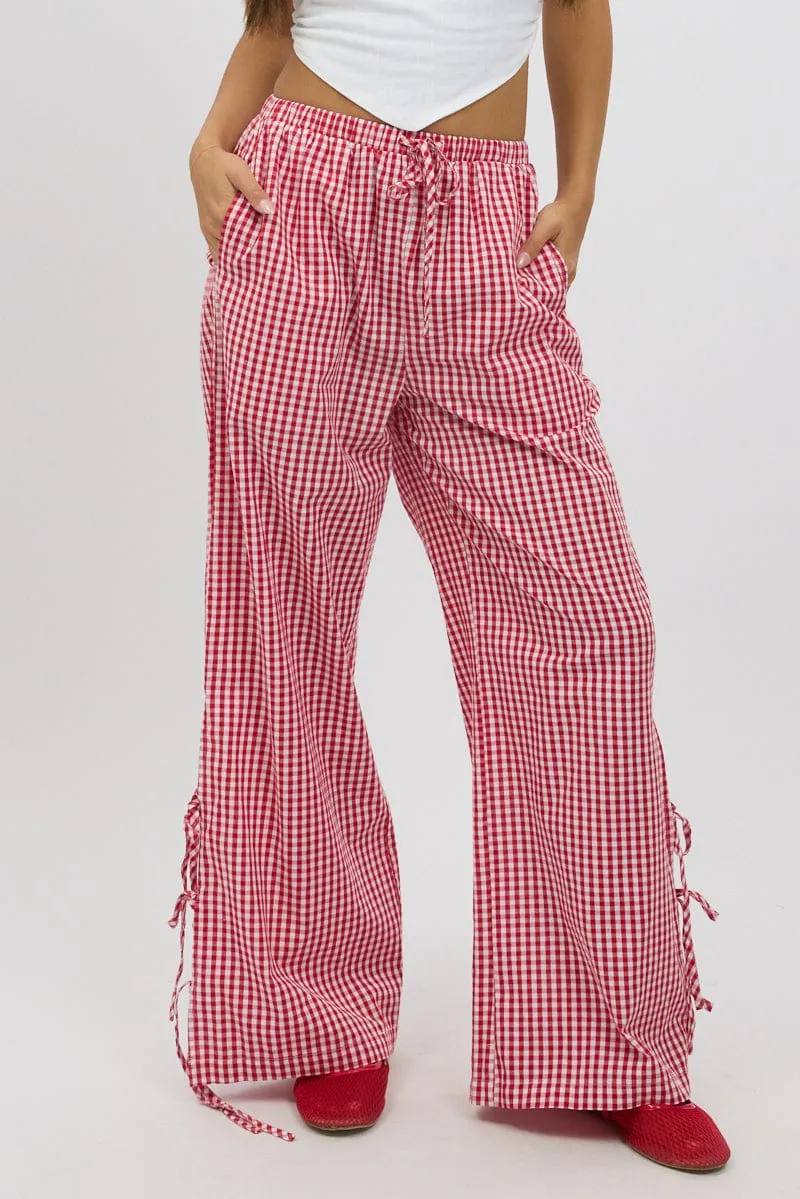 Red Check Wide Leg Pants Side Ribbon Outdoor Comfort
