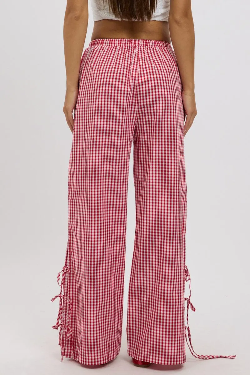 Premium Look Red Check Wide Leg Pants Side Ribbon