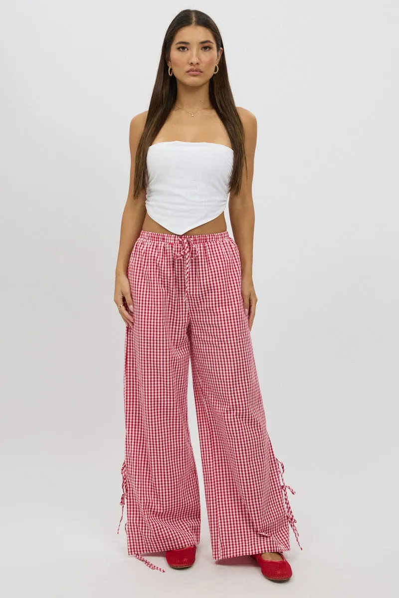 Red Check Wide Leg Pants Side Ribbon Breathable back panel