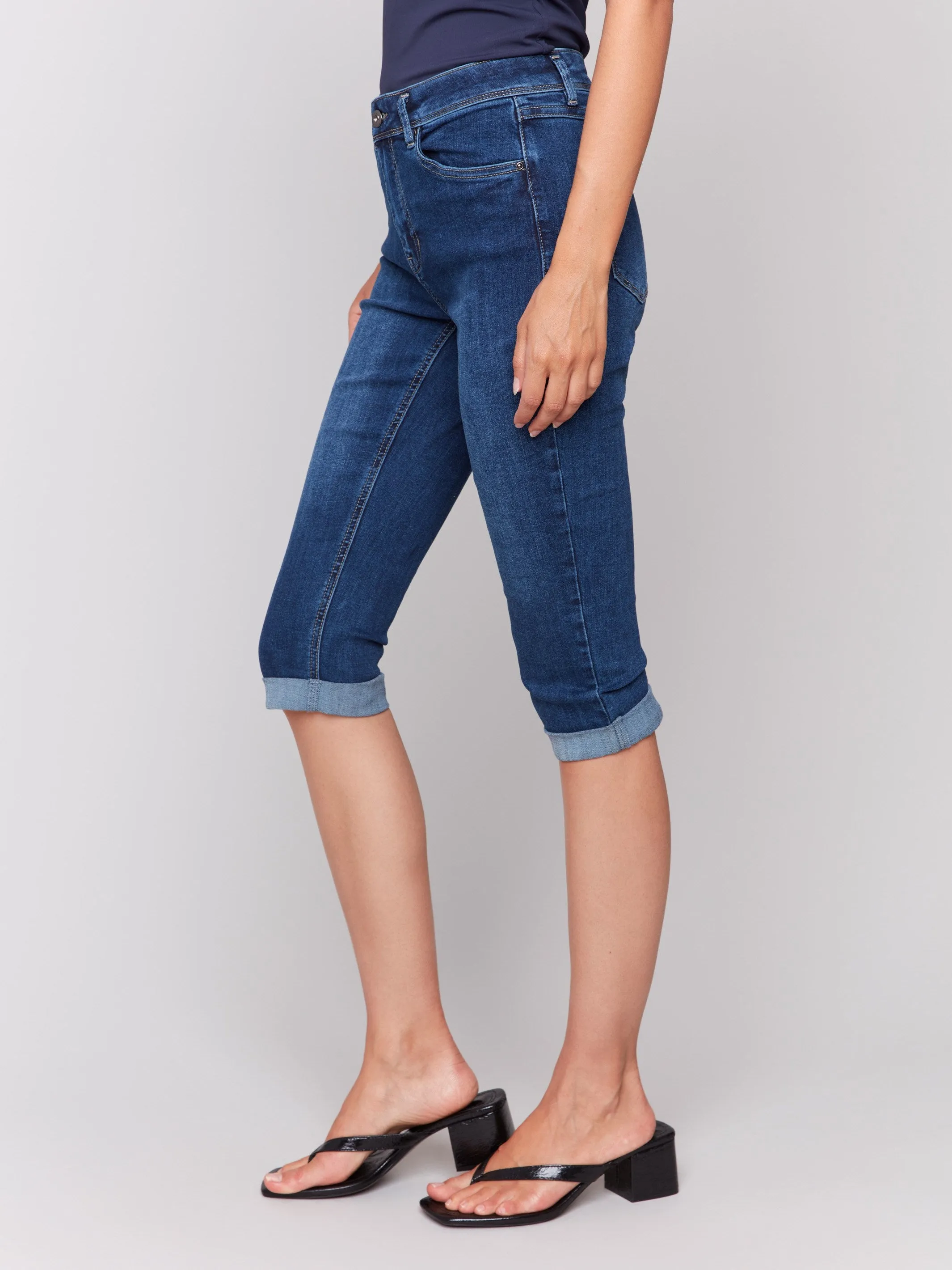 Picnic Style Modern Neutral Look Stretch Denim Pedal Pushers - Indigo