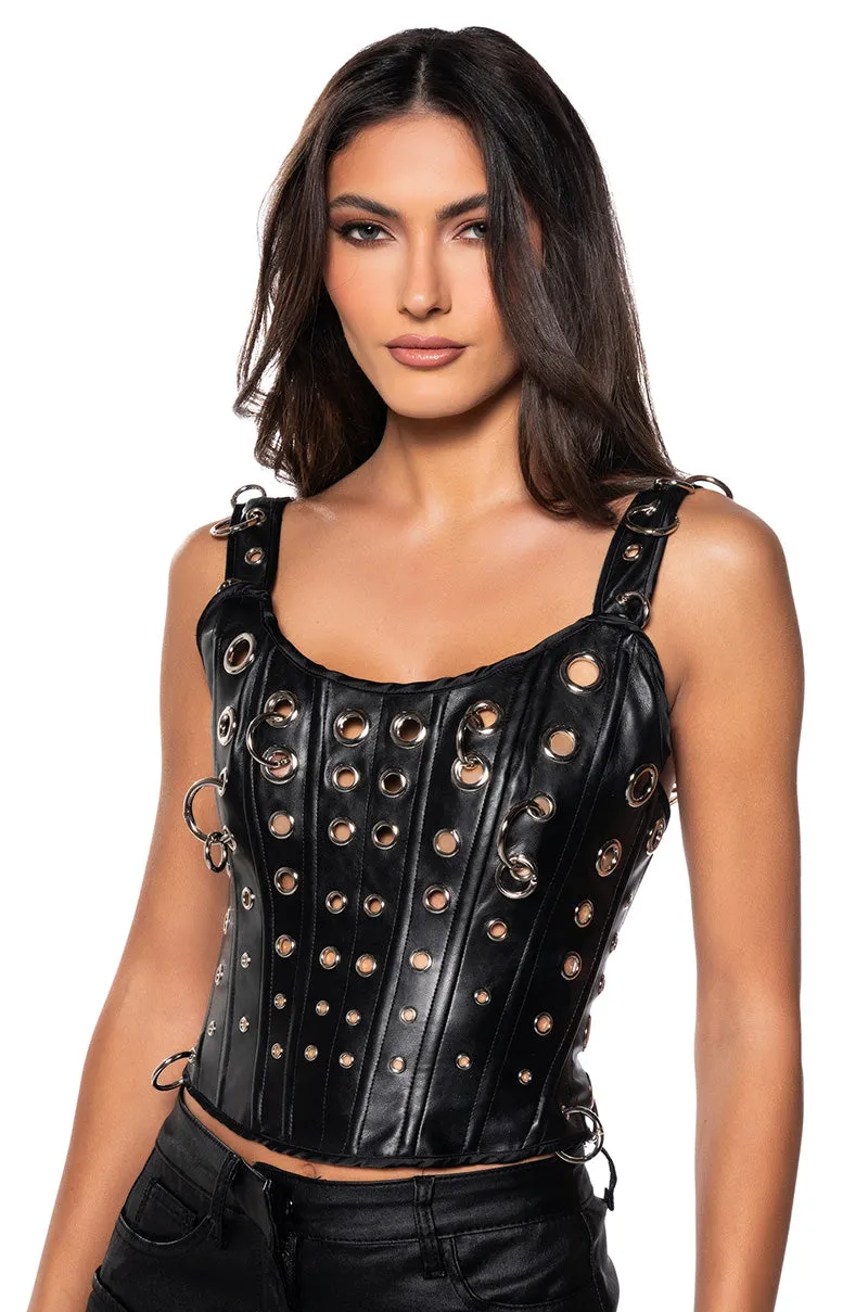 YOUNG & RECKLESS FAUX LEATHER CORSET TOP Multi Panel Engineering