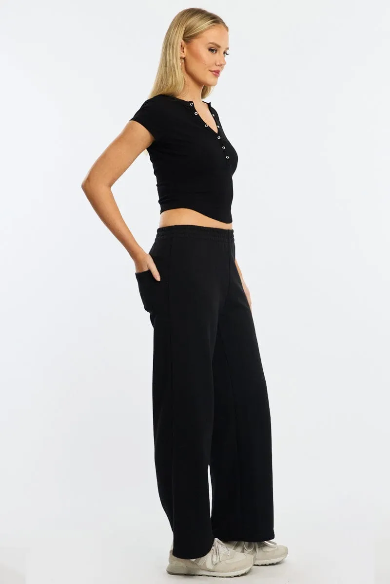 Black Track Pants Wide Leg Heat Friendly