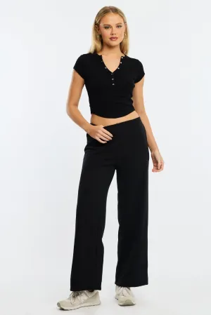 Core Movement Sporty Touch Black Track Pants Wide Leg