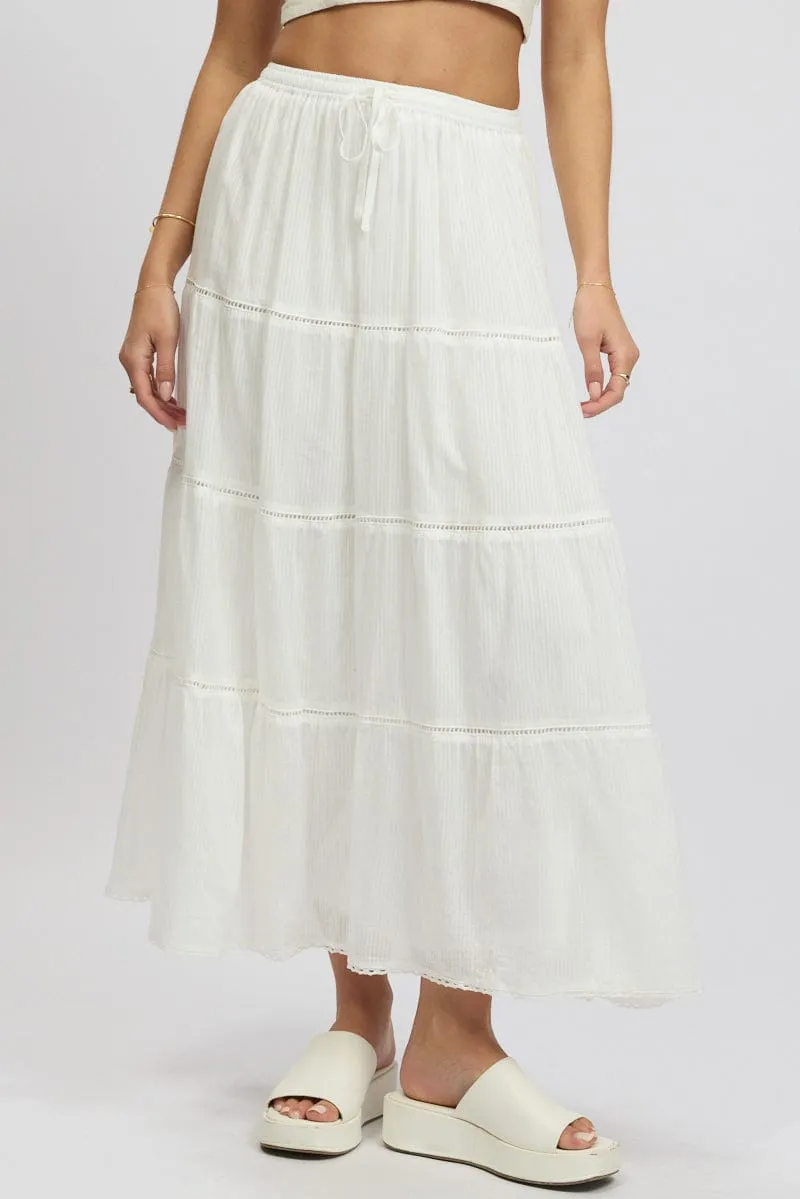 White Maxi Skirt Tiered High Rise Lace Trim Cozy Feel Satin feel