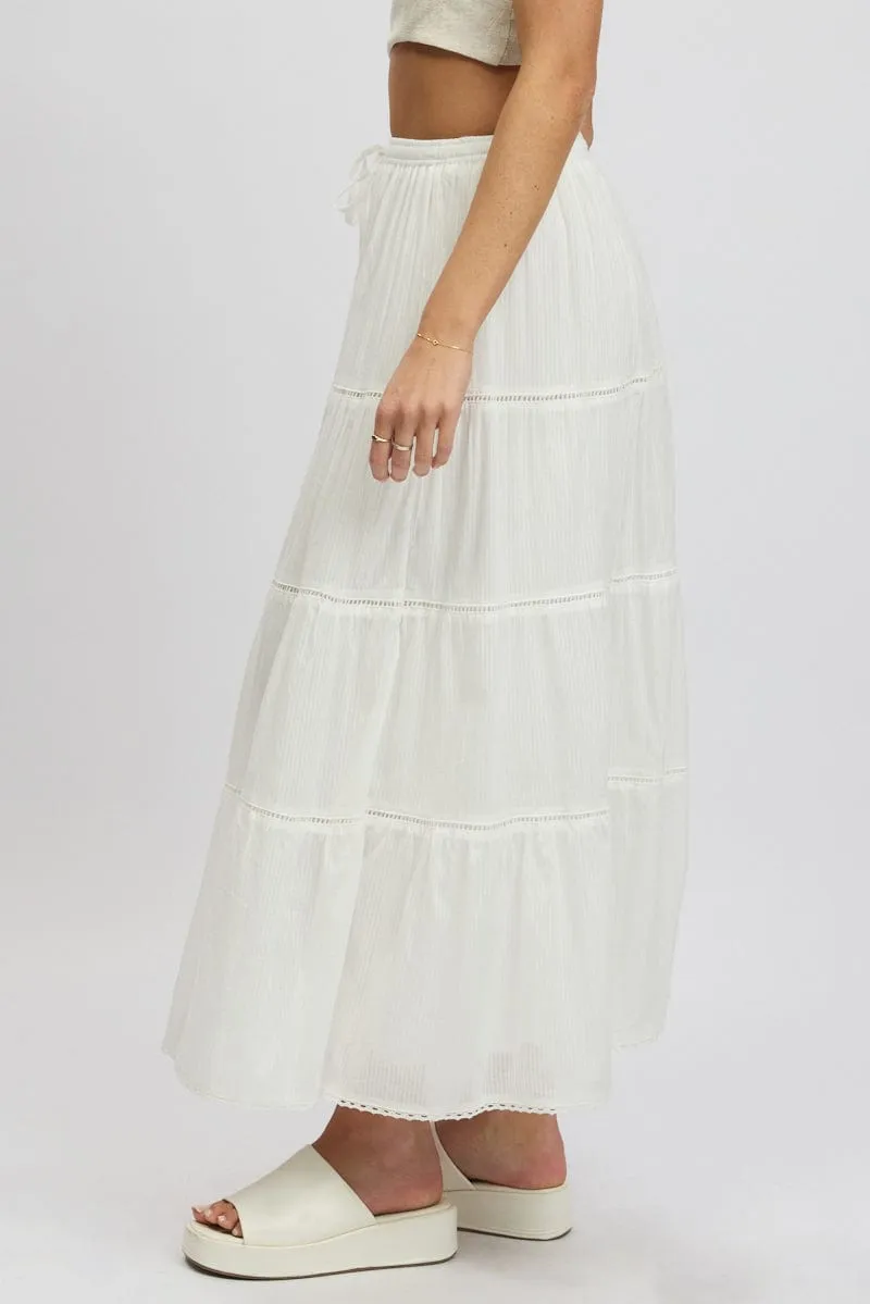 Soft Tones Non Slip Waist White Maxi Skirt Tiered High Rise Lace Trim