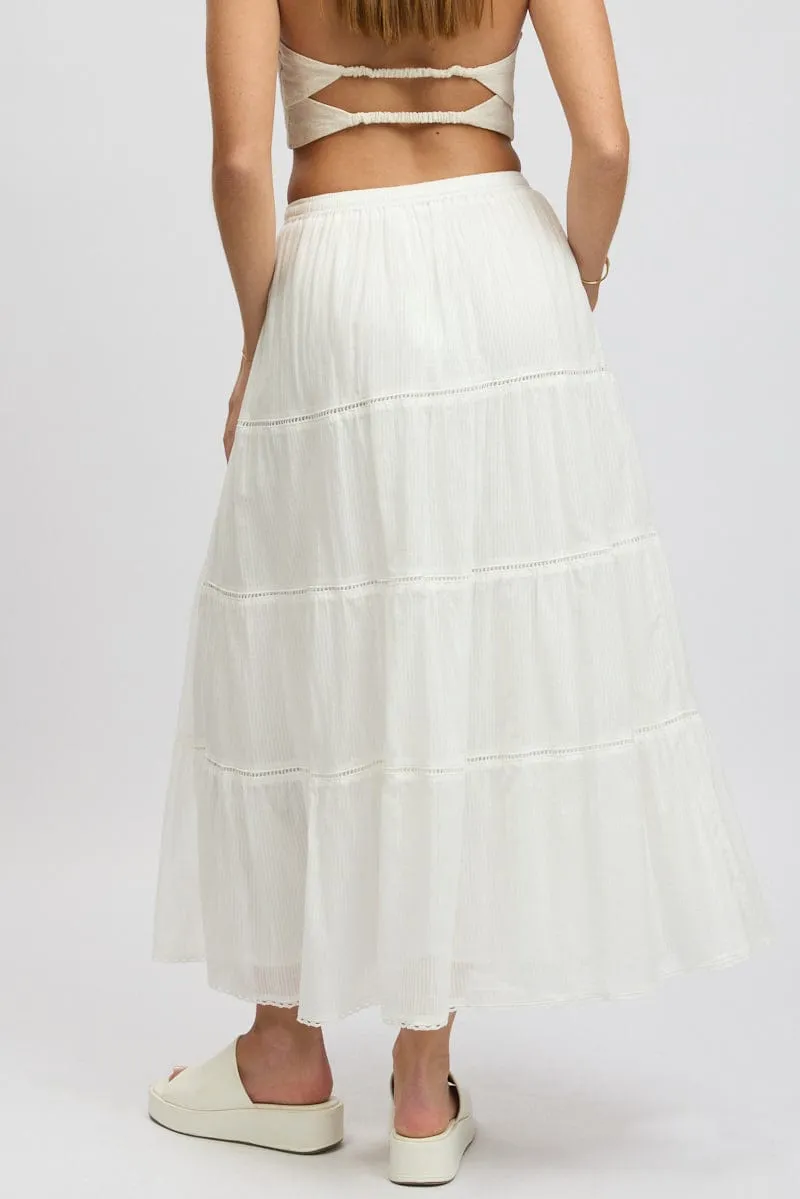 Non Irritating Edges White Maxi Skirt Tiered High Rise Lace Trim