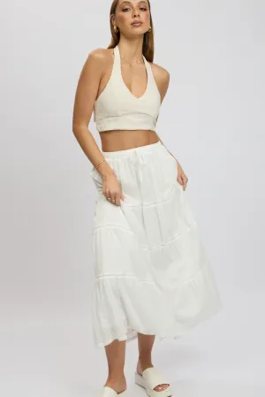 White Maxi Skirt Tiered High Rise Lace Trim button detail Soft Styling