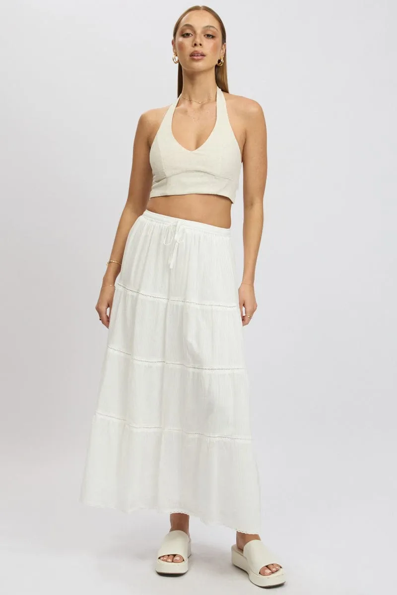 Performance Fashion Polished Fit White Maxi Skirt Tiered High Rise Lace Trim