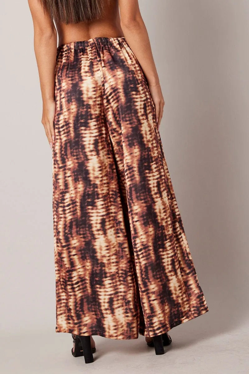 Outfit Staple Brown Abstract Wide Leg Pants High Rise Satin