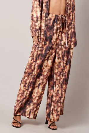 RecyclablePackaging Flexible Design Brown Abstract Wide Leg Pants High Rise Satin