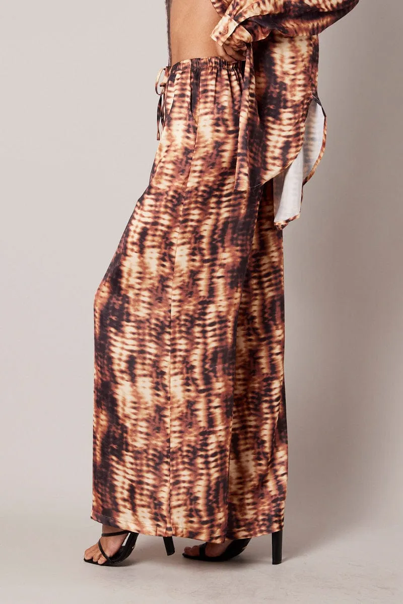 Brown Abstract Wide Leg Pants High Rise Satin Cuffed hem