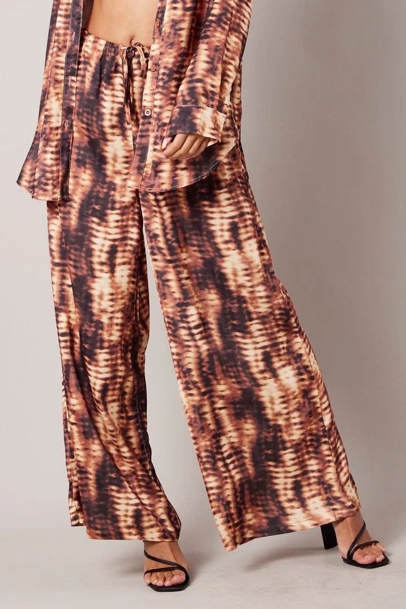 Ripstop Reinforcement Brown Abstract Wide Leg Pants High Rise Satin