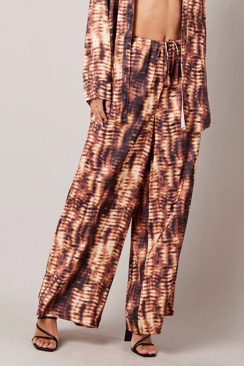RecyclablePackaging Flexible Design Brown Abstract Wide Leg Pants High Rise Satin