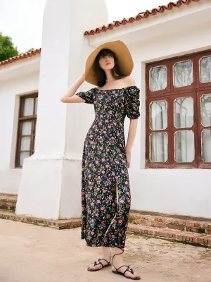 Mulberry Silk Rose Print Women Maxi Dress TagFreeDesign Weather Guard