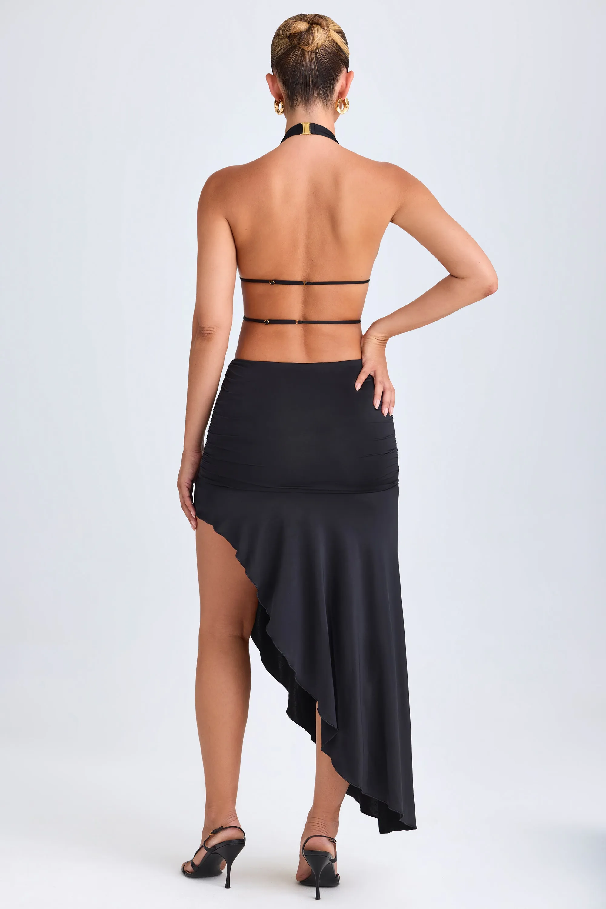 Asymmetric Cut-Out Halterneck Midaxi Dress in Black Compression Fit