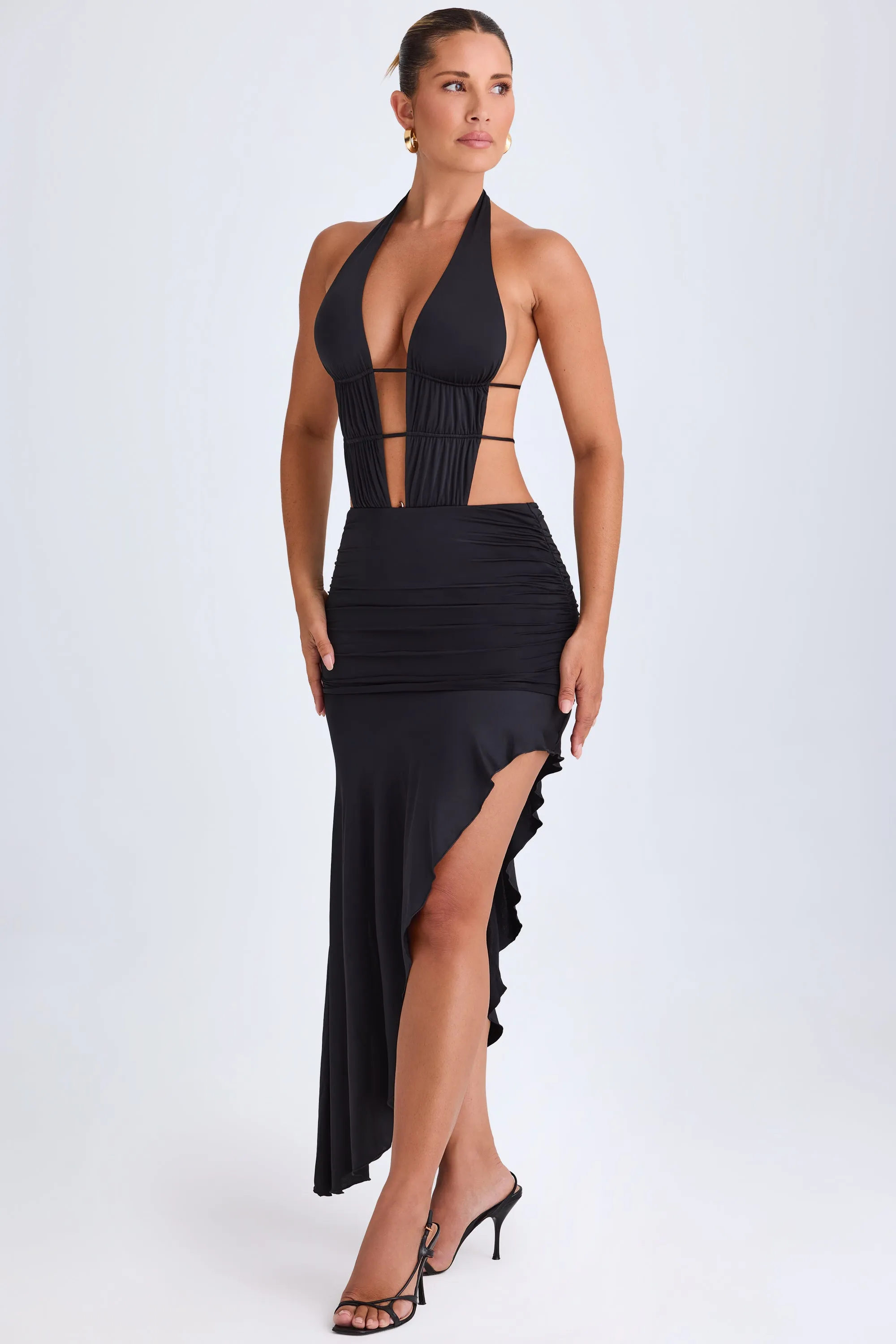 Asymmetric Cut-Out Halterneck Midaxi Dress in Black AntibacterialFinish