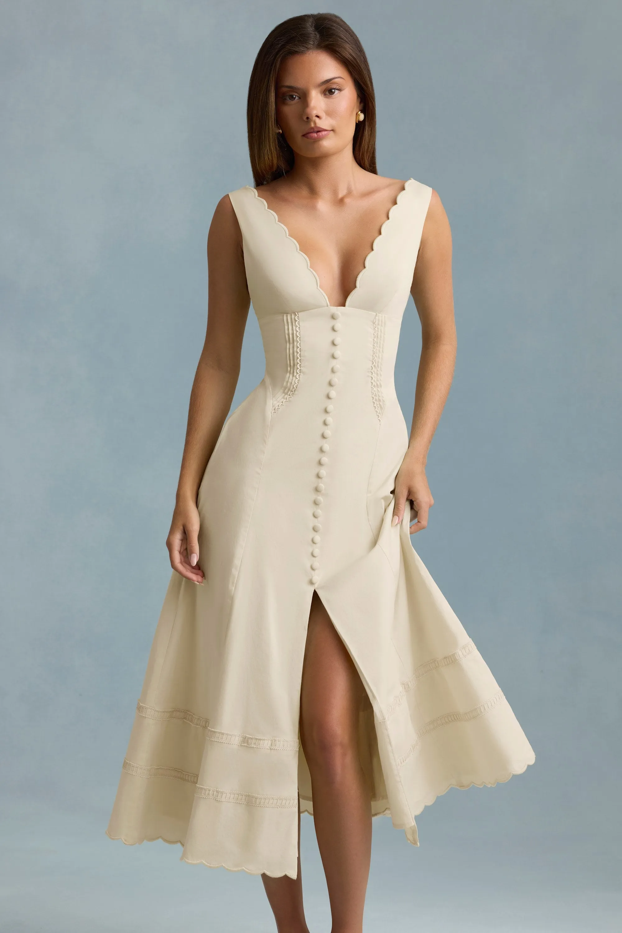 Practical Boots Strong Denim Cotton-Poplin A-Line Midaxi Dress in Ivory