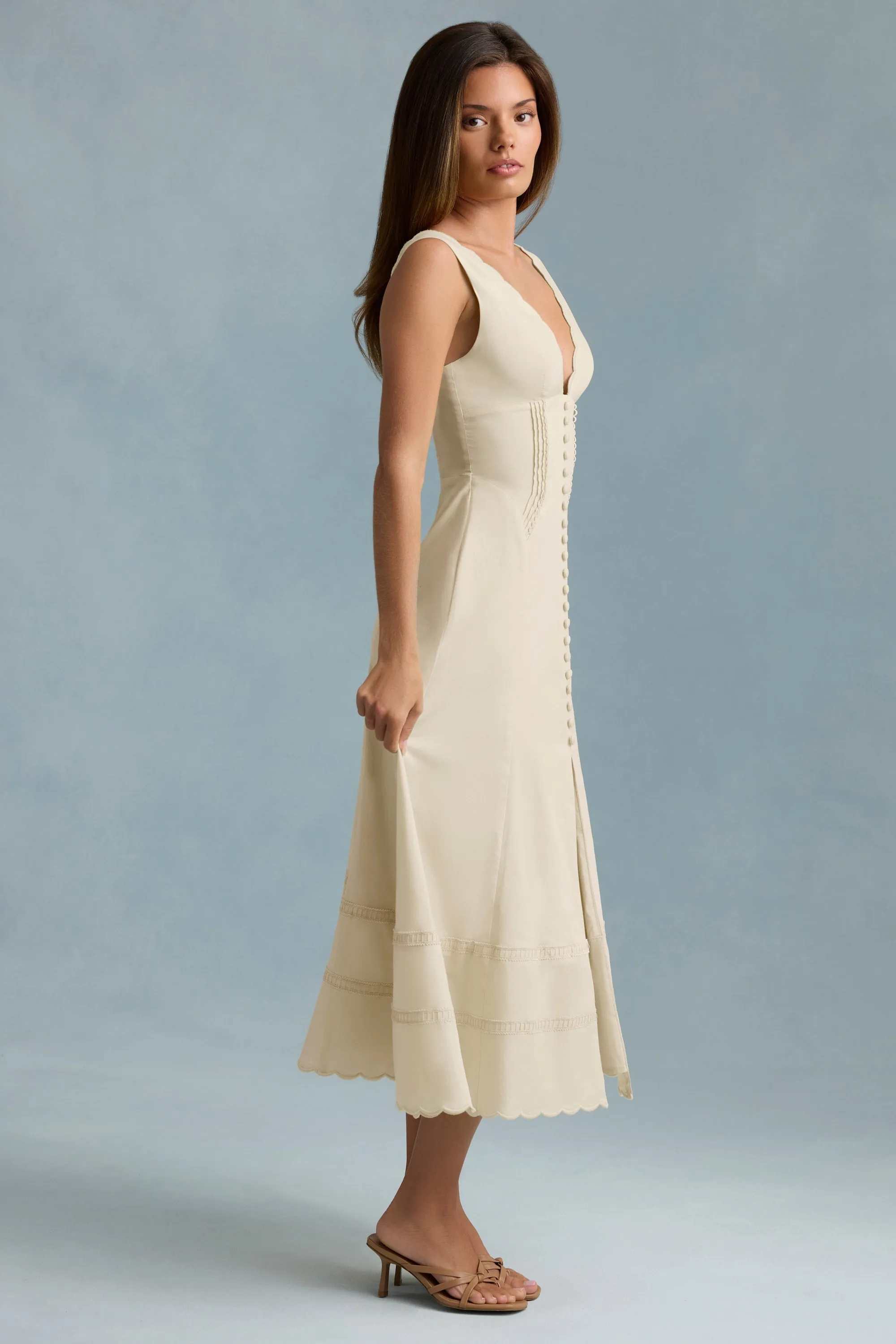 Cotton-Poplin A-Line Midaxi Dress in Ivory Young Edge