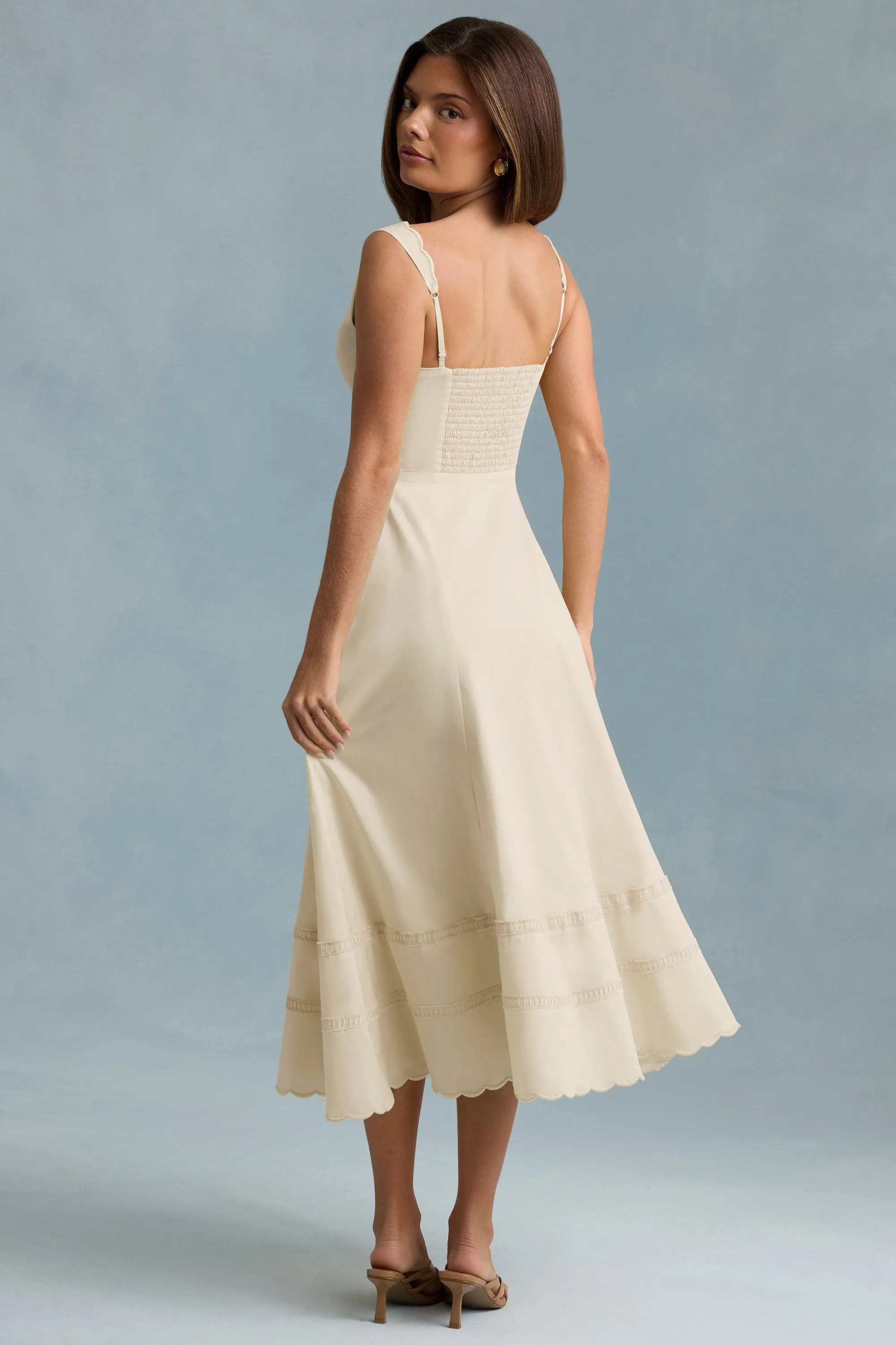 Cotton-Poplin A-Line Midaxi Dress in Ivory HighElasticity Fiber