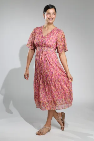 Quiet Charm Beauty Glow Cross over V neck Chiffon Dress | Cerise Olive Abstract | 8557A1