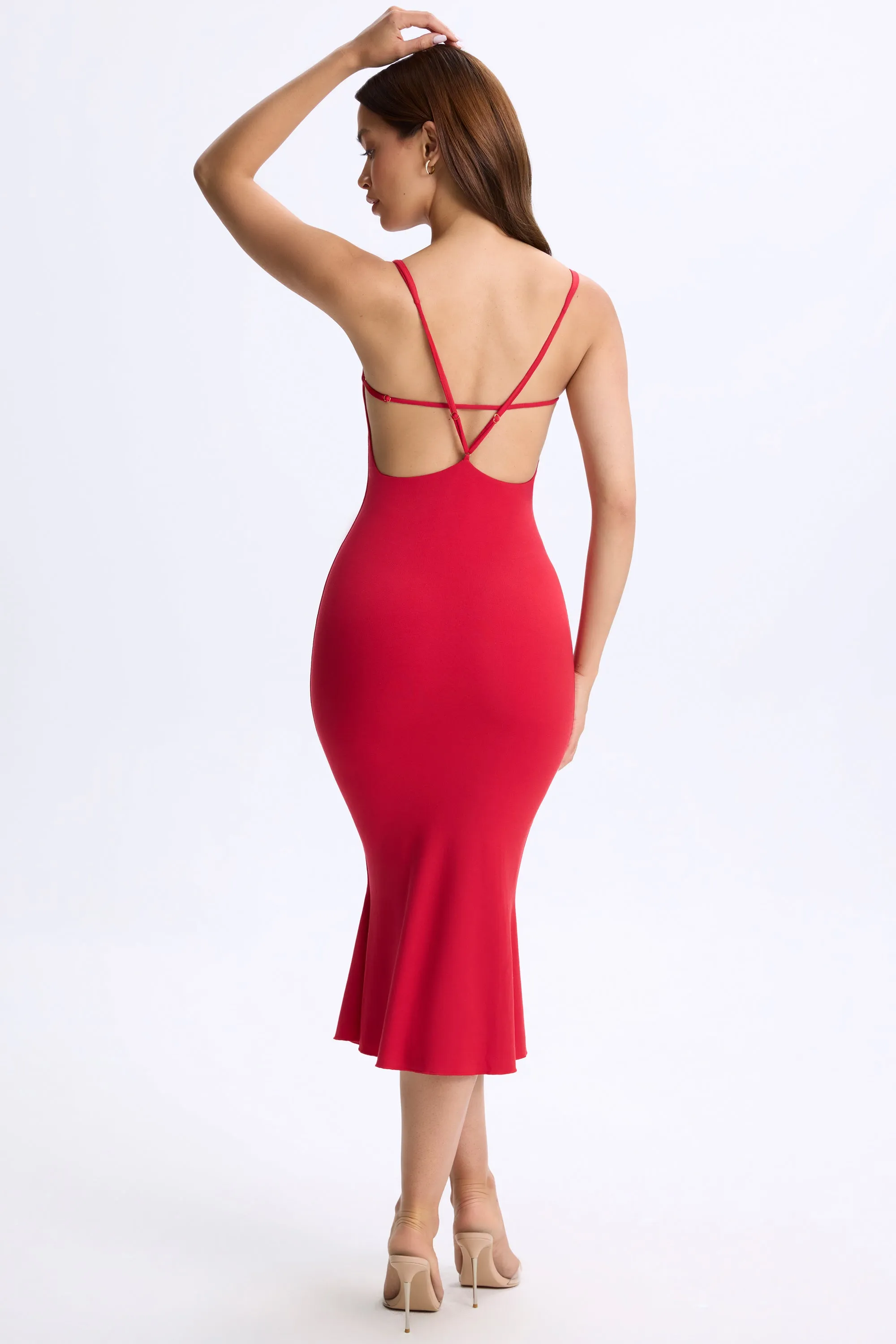 Plunge Open-Back Midaxi Dress in Cherry Red MultiPocket Design Trendy Trousers