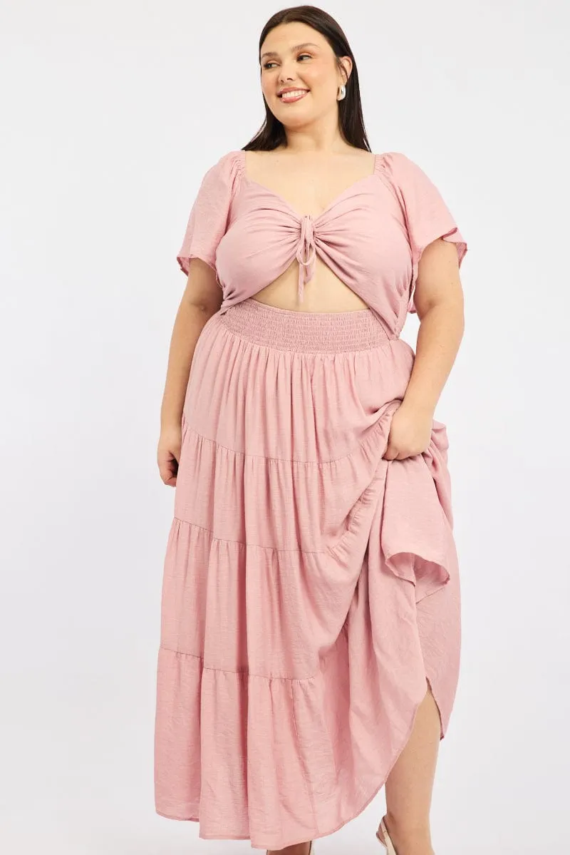 Effortless vacation dress Wind Song Pink Maxi Dress Short Sleeve Ruched Cut Out