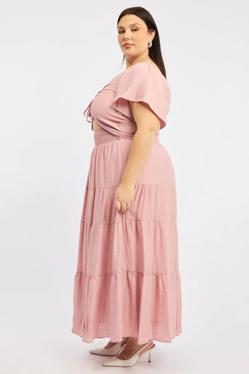 Marble Step Pink Maxi Dress Short Sleeve Ruched Cut Out