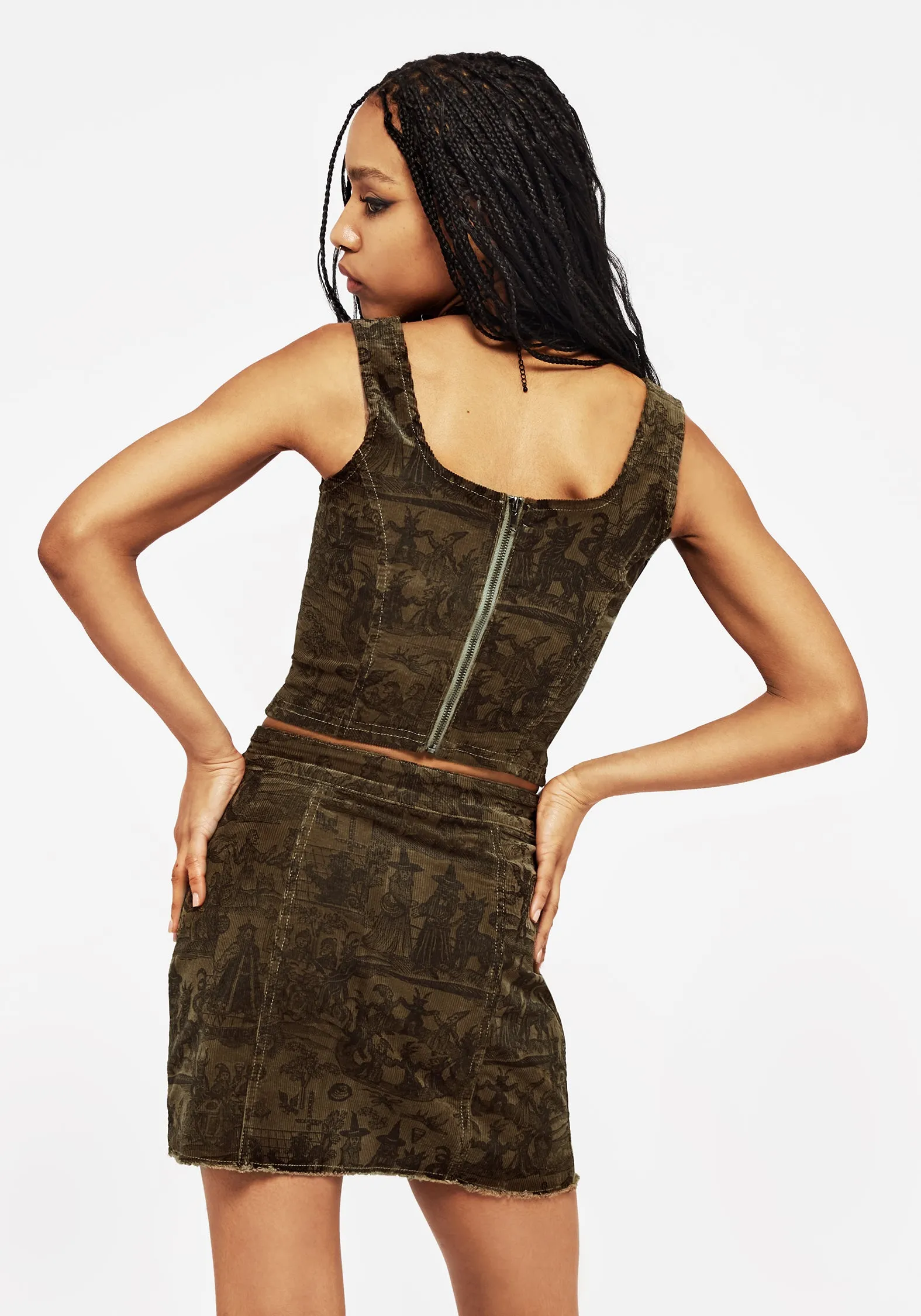 Diabolical Cord Woodcut Print Zip Up Mini Skirt Matte Finish Anti Pilling Fabric