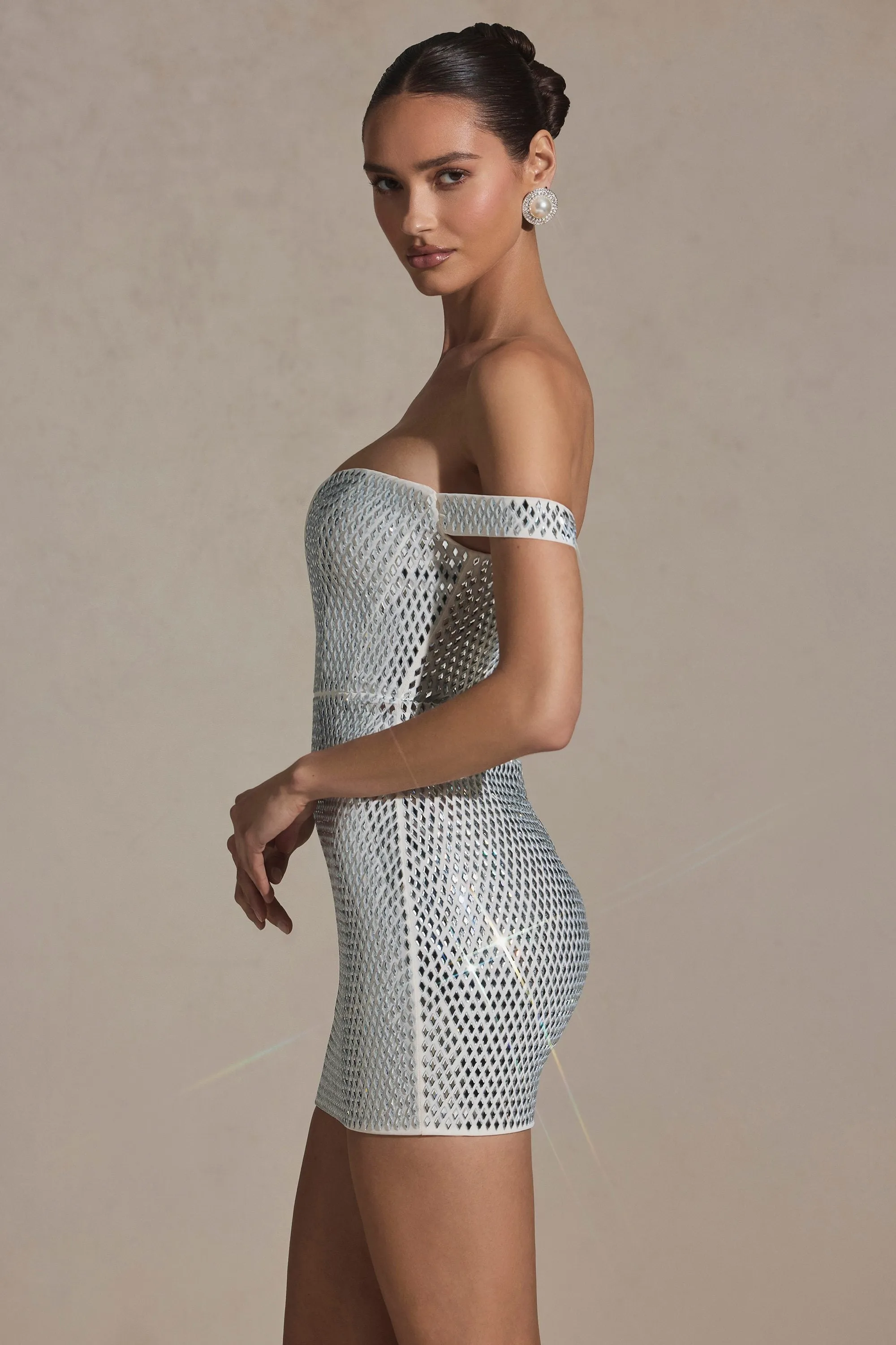 Embellished Off-Shoulder Mini Dress in White Pop Hot Late Glam
