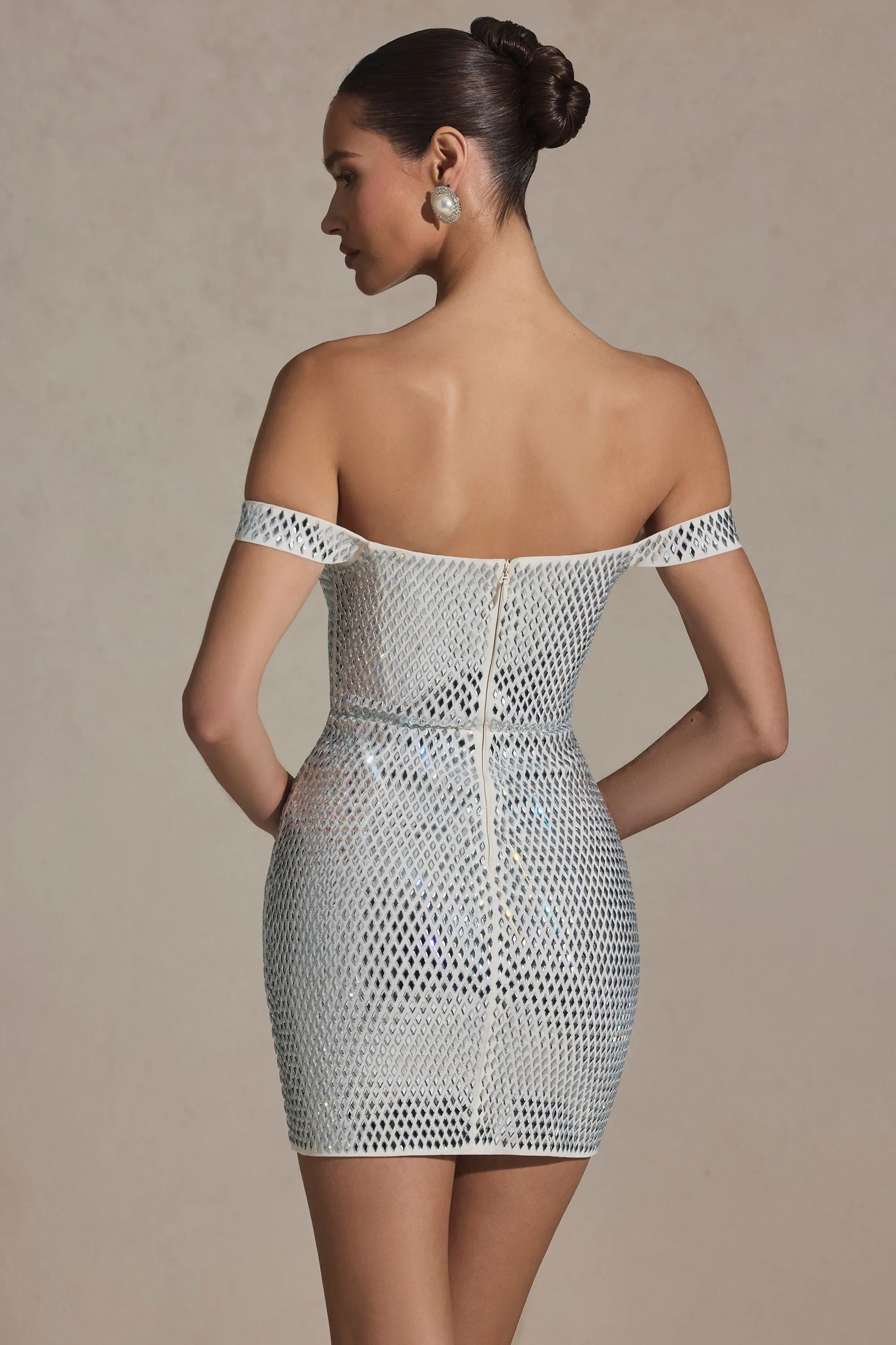 Scene Rush Urban Light Embellished Off-Shoulder Mini Dress in White