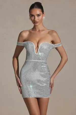 Embellished Off-Shoulder Mini Dress in White Stage Vibe