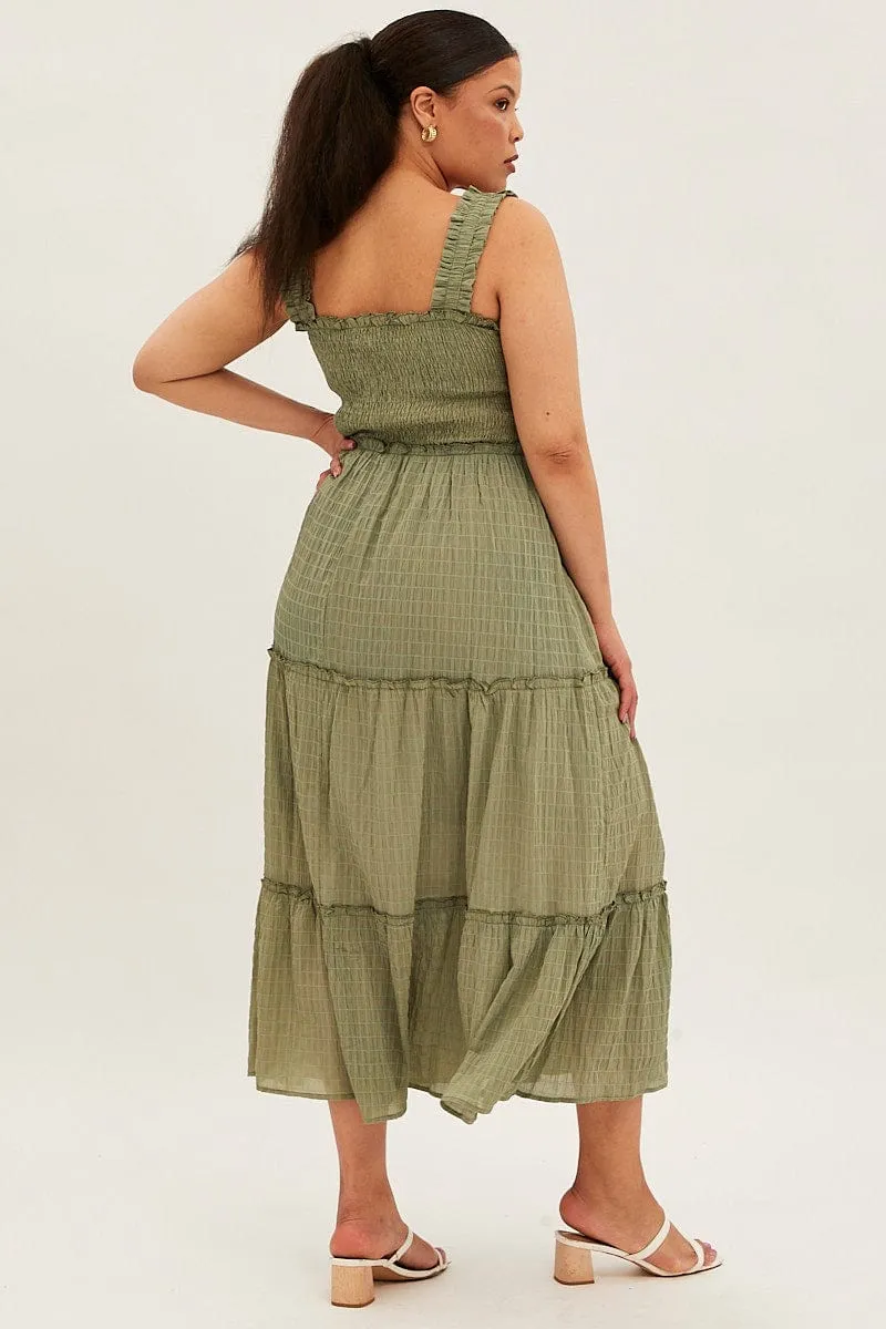 Green Maxi Dress Gather Shoulder Sleeveless Textured This dress offers both style and practicality ensuring you always look your best