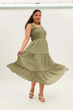 Green Maxi Dress Gather Shoulder Sleeveless Textured Marina Walk