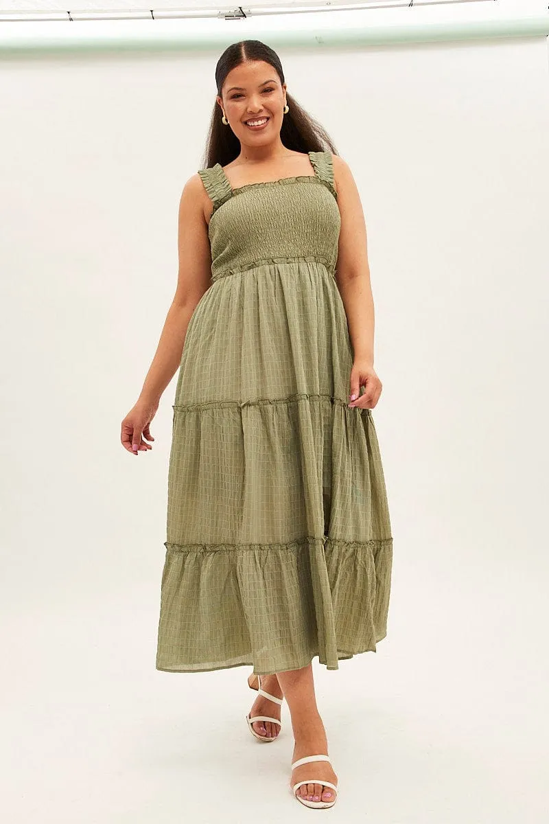 Green Maxi Dress Gather Shoulder Sleeveless Textured Daylight Warm Bold pattern maxi