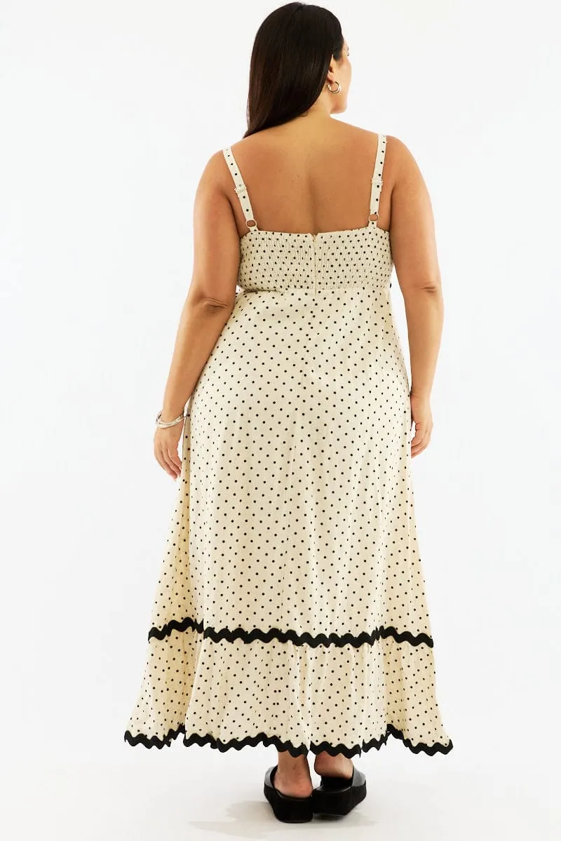 Beige Polka Dot Maxi Dress Sleeveless Ric Rac Linen Glow