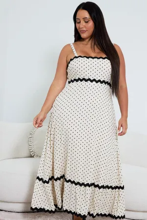 Alpine Glow With its simple silhouette this maxi dress offers a flattering look for all body types Beige Polka Dot Maxi Dress Sleeveless Ric Rac
