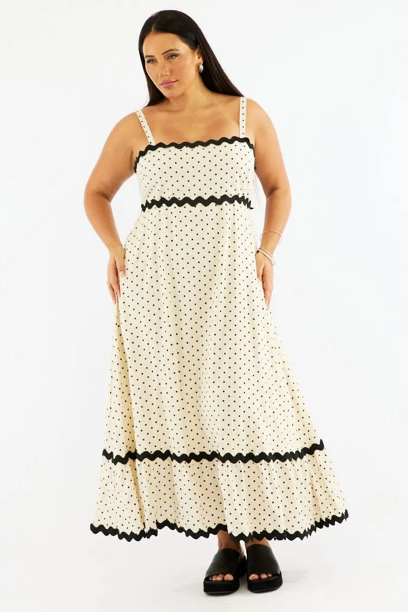 This dress creates a flattering silhouette while remaining breathable and comfortable Beige Polka Dot Maxi Dress Sleeveless Ric Rac