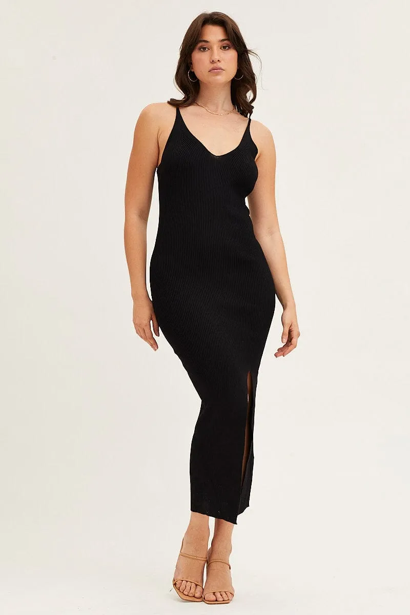 Black V Neck Kint Midi Dress Versatile event piece Moon Beam
