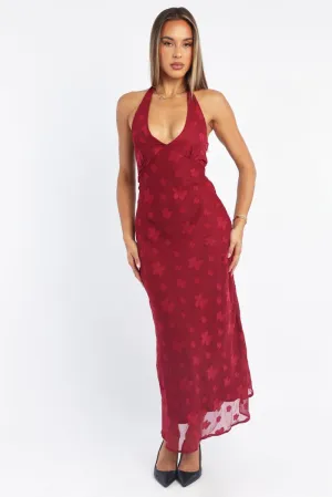 Sun Beam Red Midi Dress Halter Neck