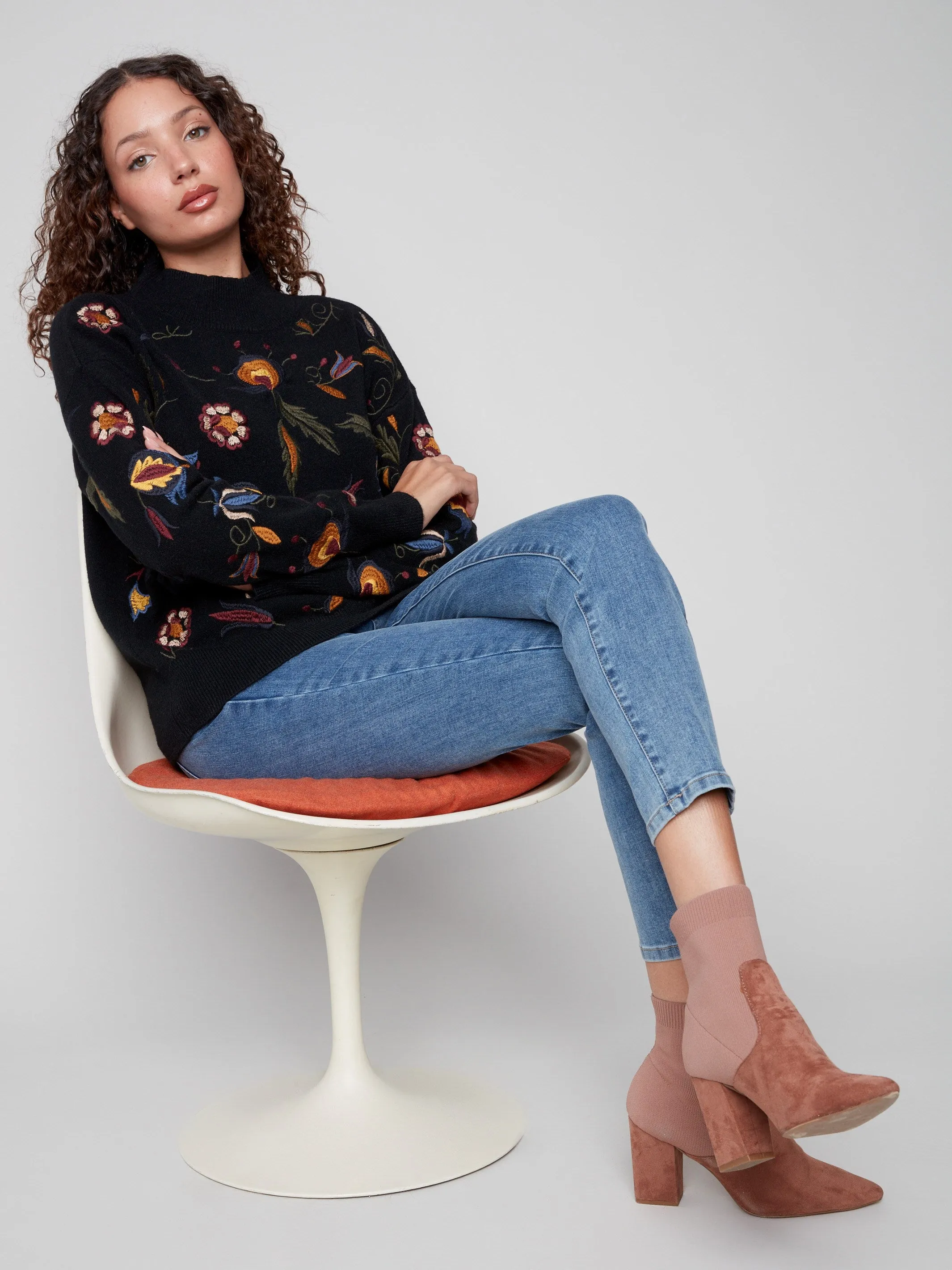 Comfort Knit Piece Embroidered Mock Neck Sweater - Black
