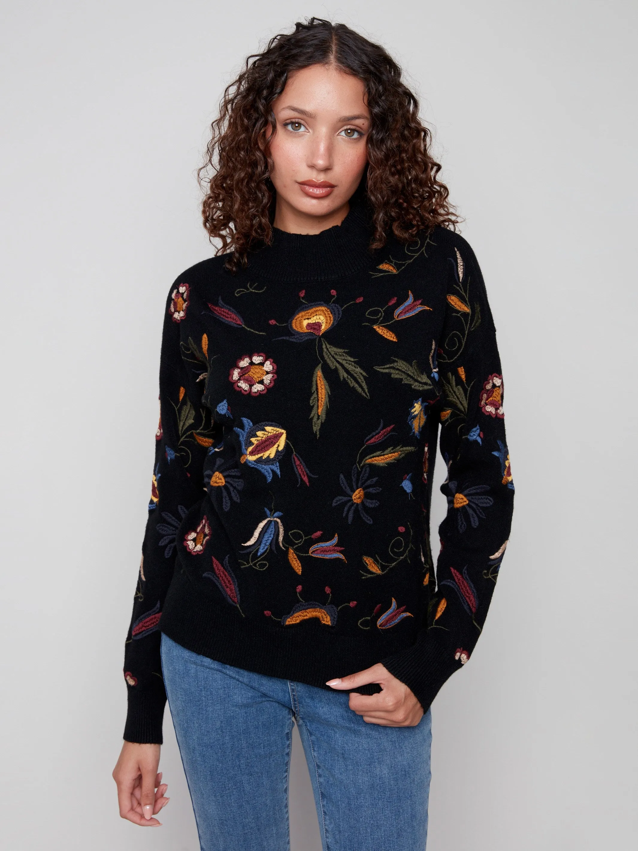 Embroidered Mock Neck Sweater - Black Bias Cut Hem Details Stylish Knit Layer