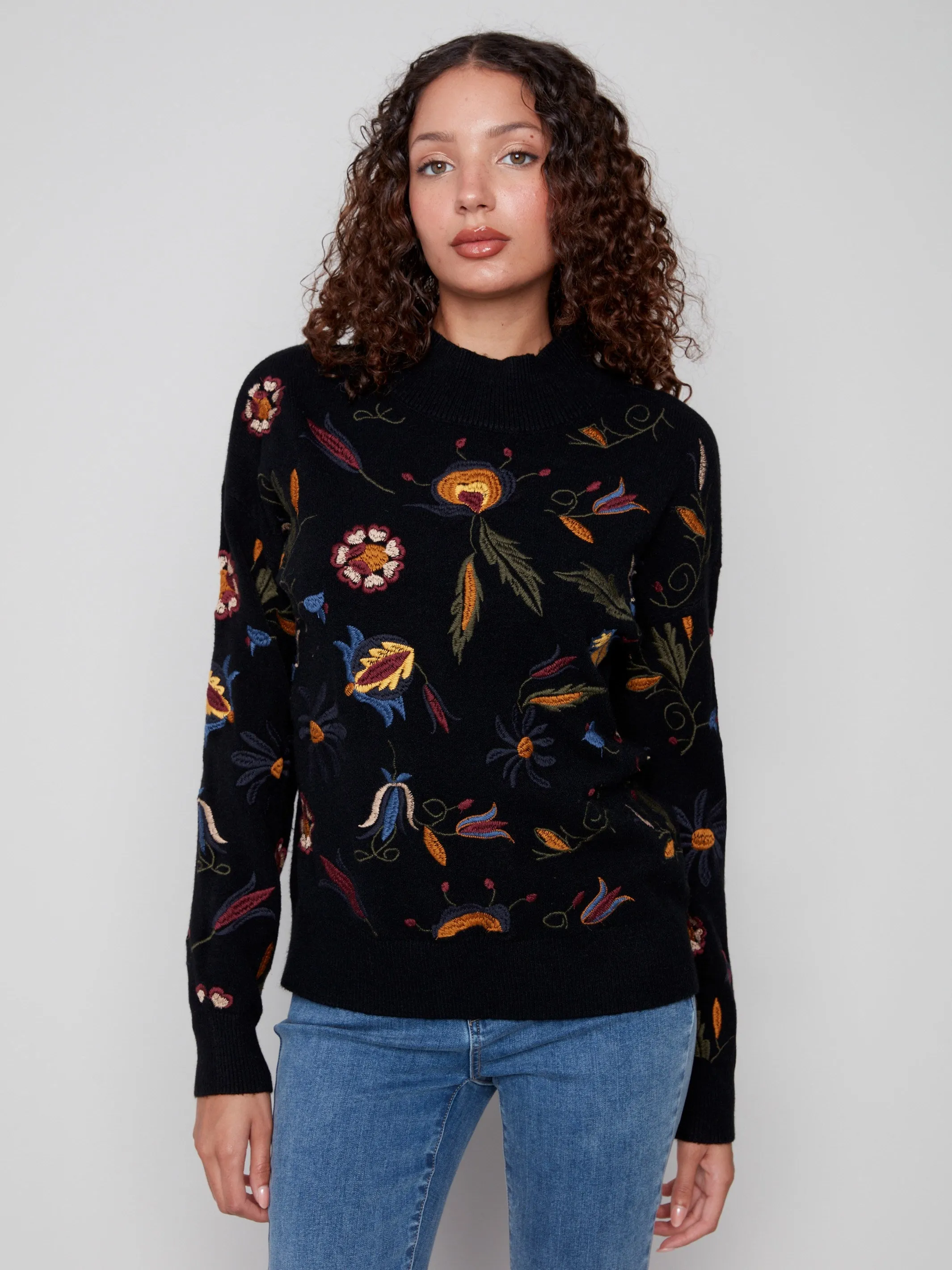 Embroidered Mock Neck Sweater - Black Cozy And Warm