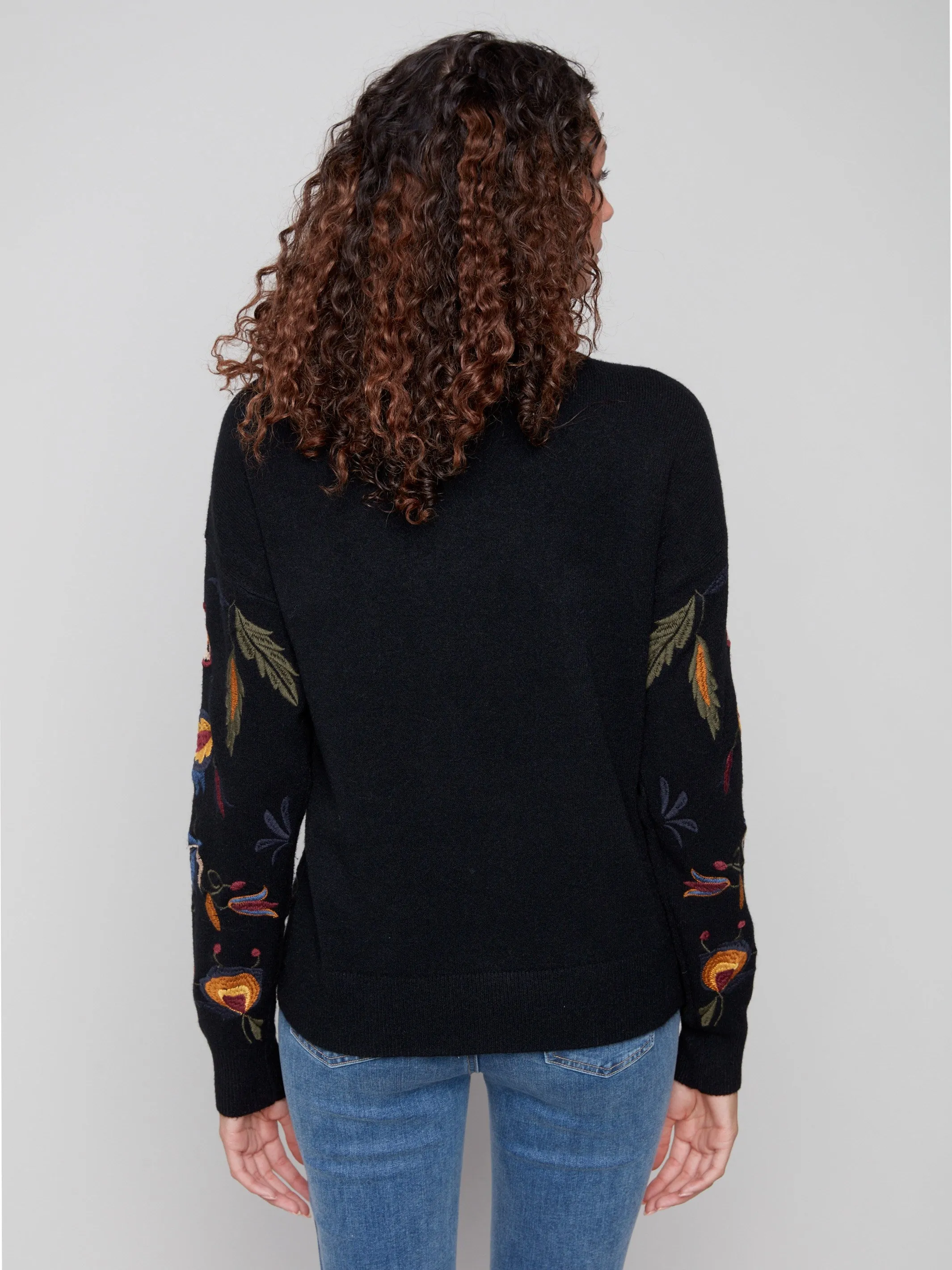 All-Day Wear Casual Chic Knit Embroidered Mock Neck Sweater - Black