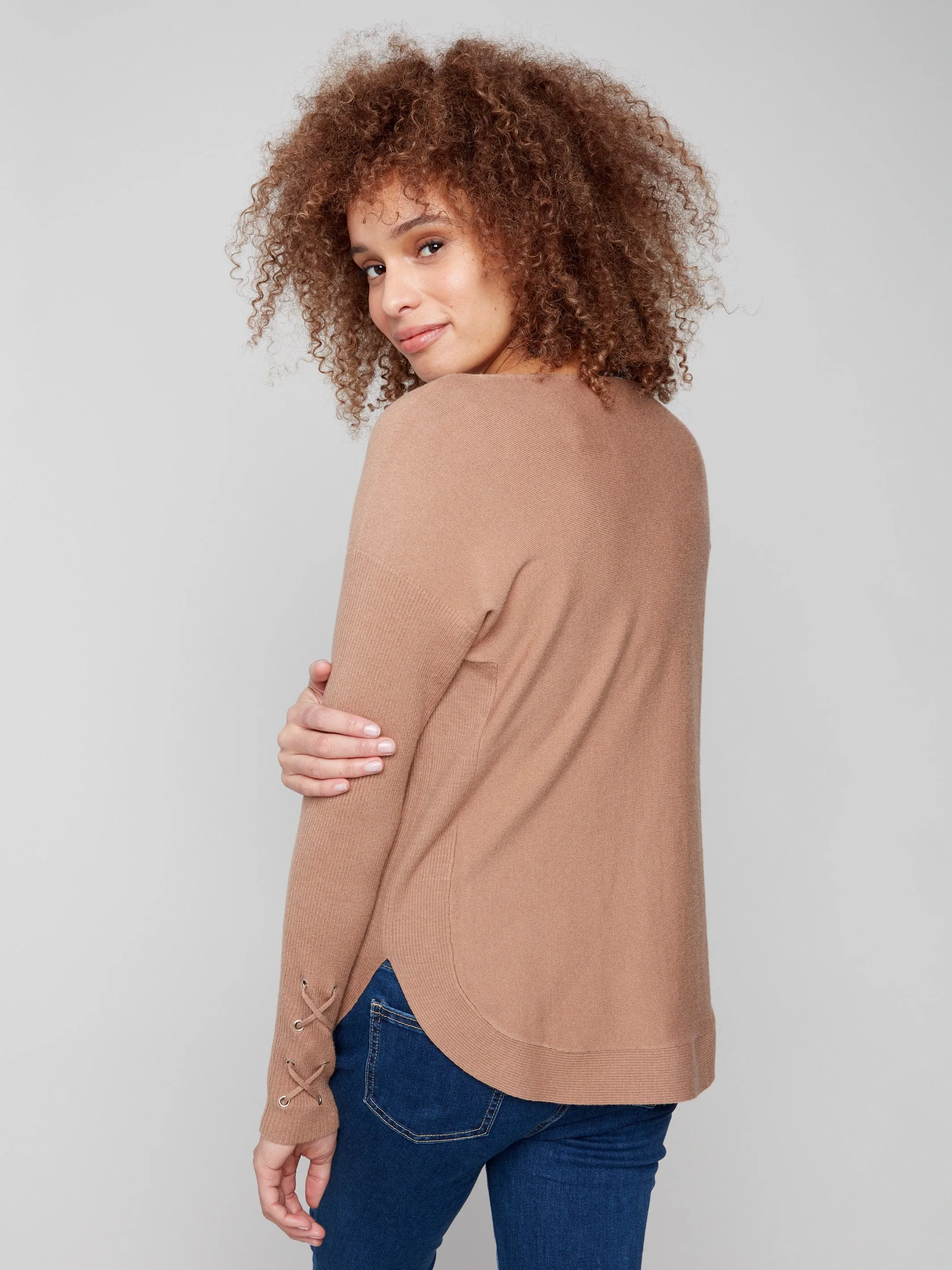 Knit Sweater With Lace-Up Cuffs - Truffle Biodegradable Fiber Options
