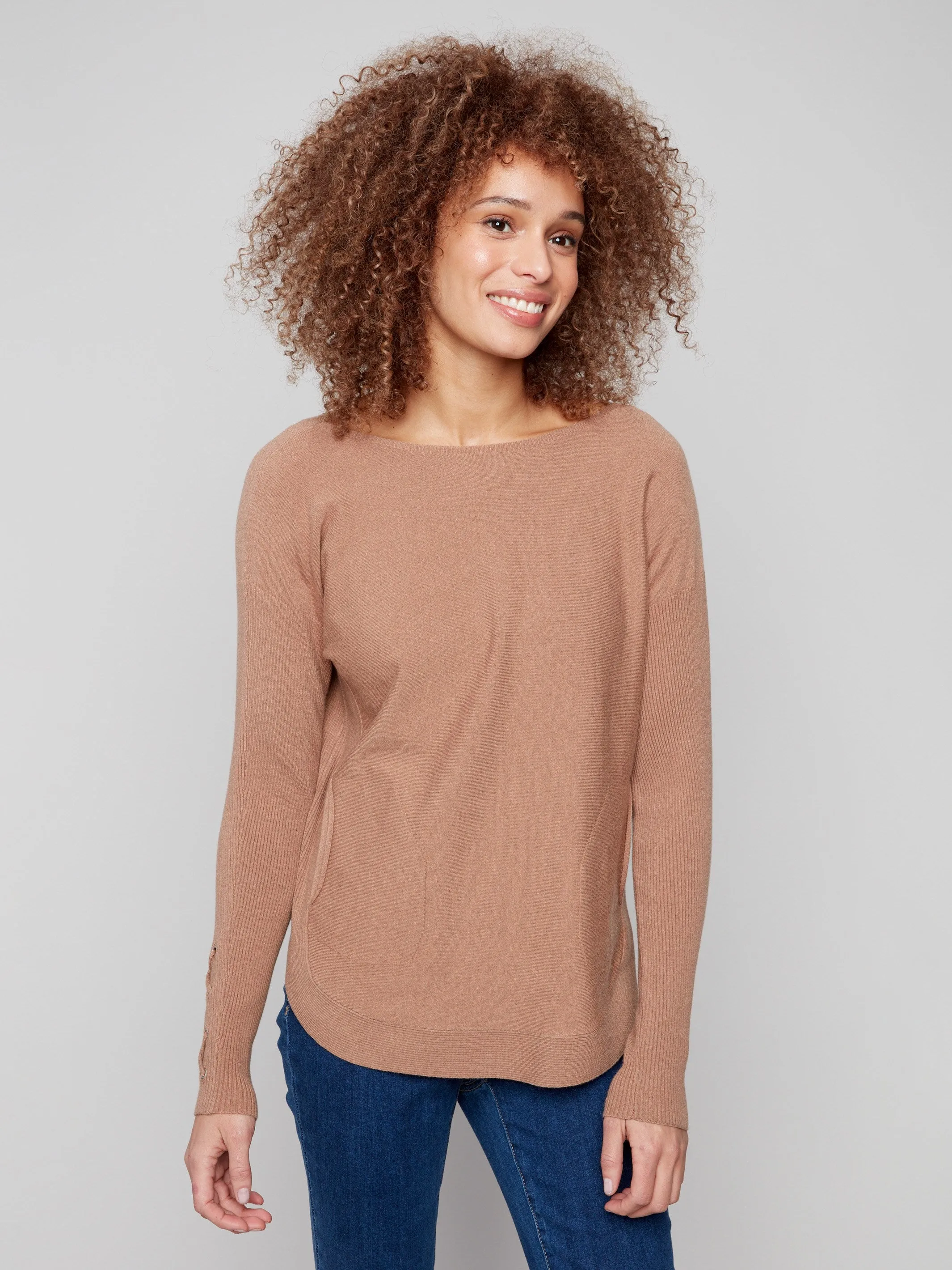 Stylish Knit Layer Recycled Yarn Knit Sweater With Lace-Up Cuffs - Truffle