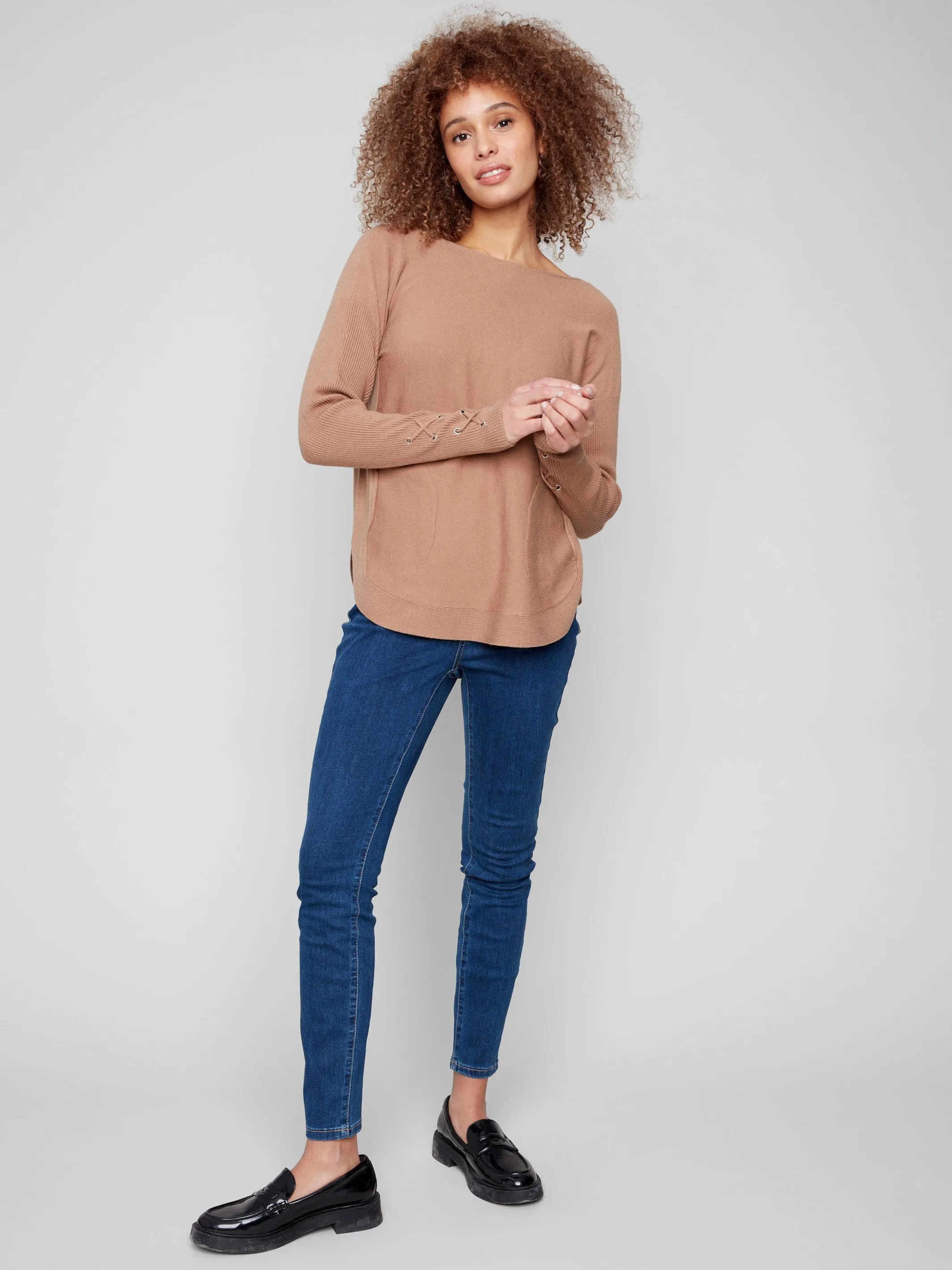 Ribbed Hem Detailing Knit Sweater With Lace-Up Cuffs - Truffle