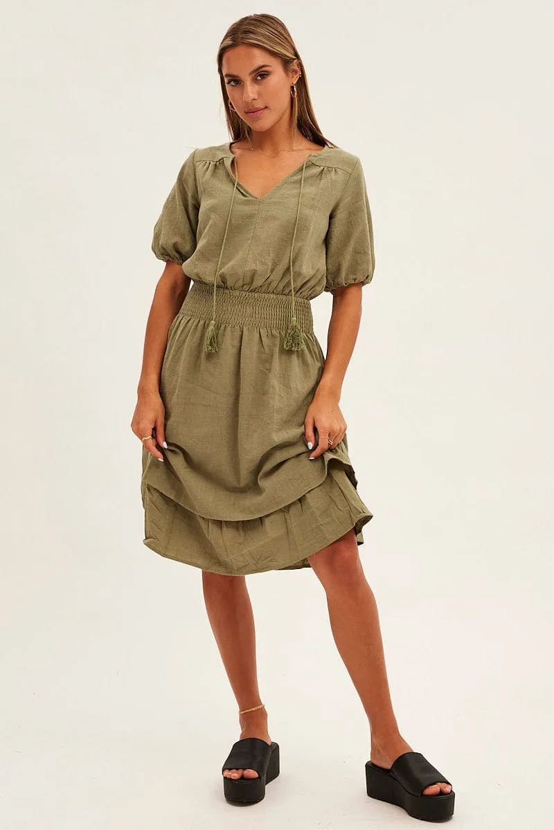 Cliff Edge Green Midi Dress Short Sleeve V Neck
