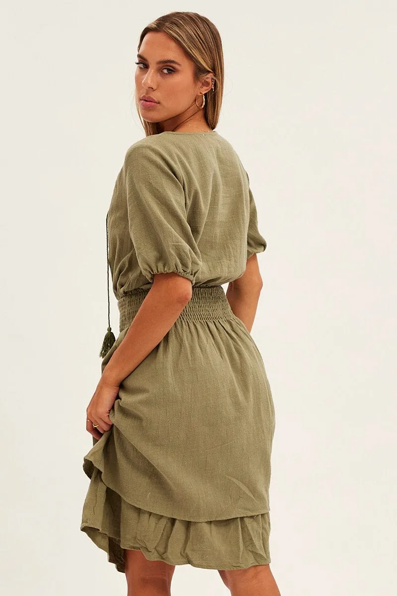 Green Midi Dress Short Sleeve V Neck Bird Call Deep Shade
