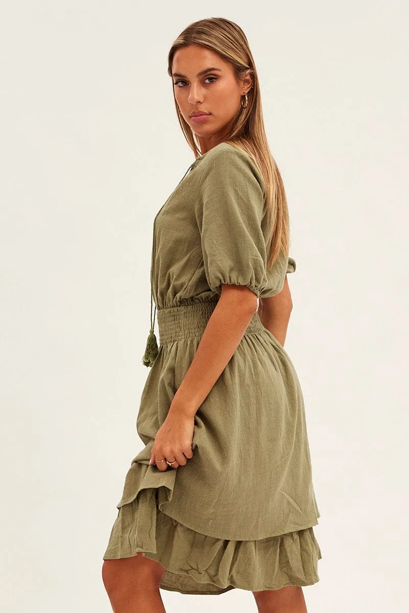 Contemporary Fashion Green Midi Dress Short Sleeve V Neck